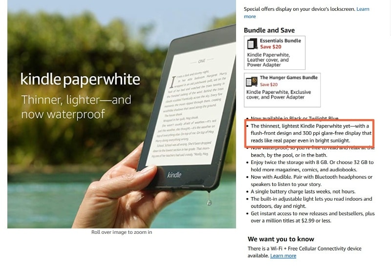 Amazon's product descriptions combine features and benefits