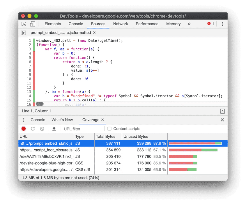 A code coverage report – Source: DevTools