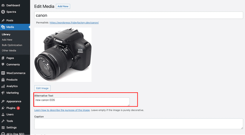 Adding alt-tag on product images in WooCommerce - Source: The WordPress admin
