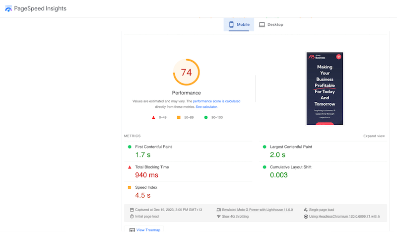 Avada mobile performance results - Source: PSI