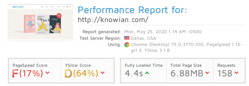 GTmetrix report for the test site