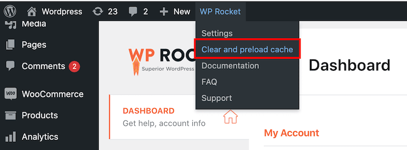 Clearing cache on WooCommerce from the top bar with WP Rocket - Source: WP Rocket
