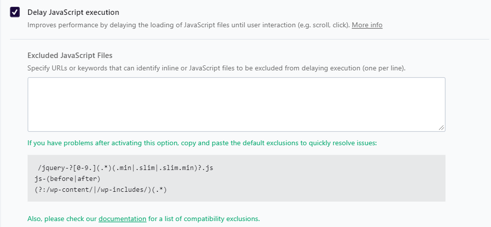 Delay JavaScript execution feature – WP Rocket dashboard