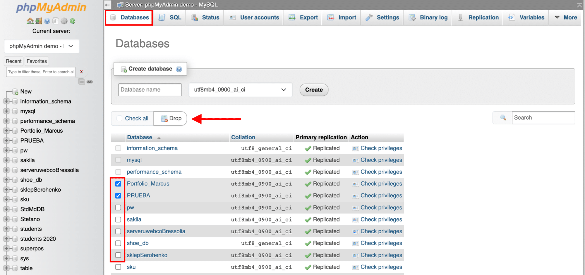 Delete a table - Source: phpMyAdmin
