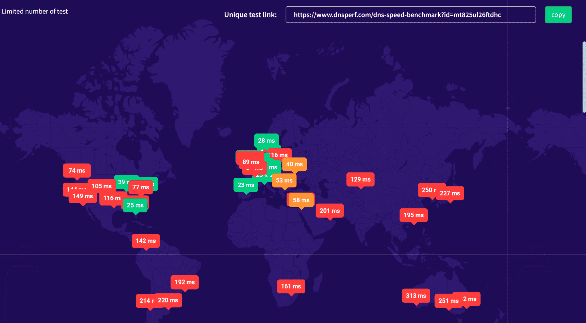 DNS speed benchmark that shows the area of the world served and result