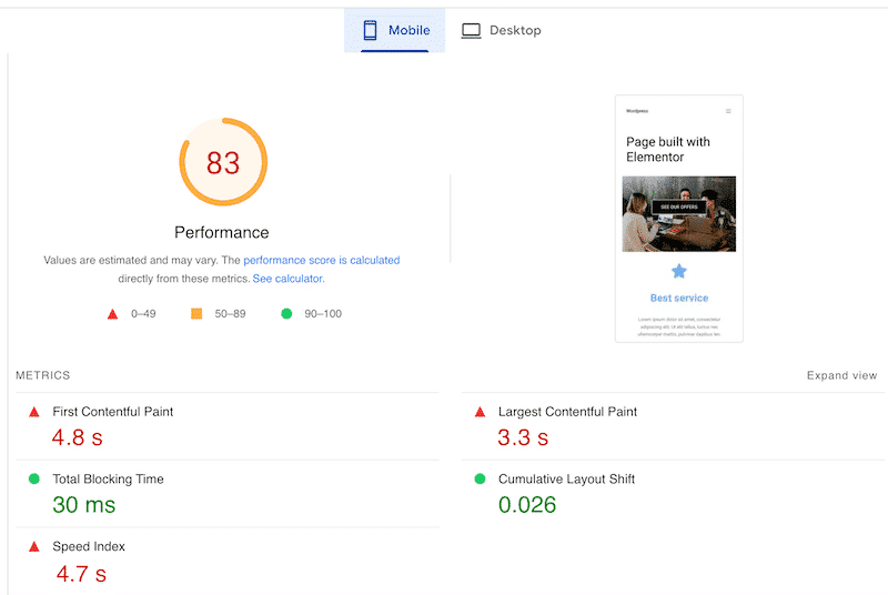  Elementor’s KPIs - PageSpeed Insights
