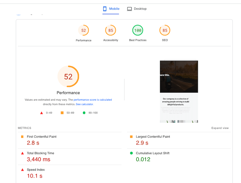 Elementor’s Mobile KPIs - PageSpeed Insights
