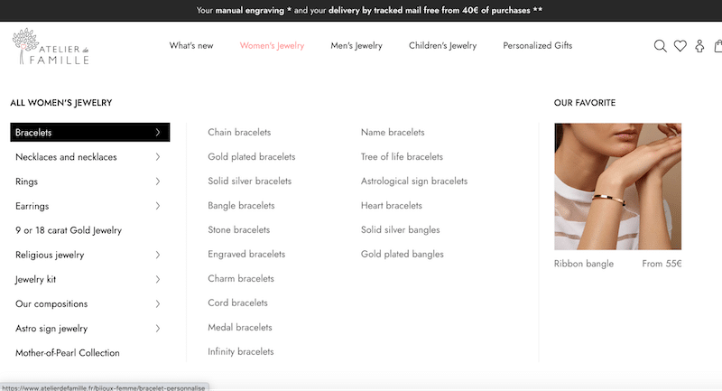 Example of categories from Atelier de famille (a jewelry shop) that help users to navigate - Source: Atelierdefamille
