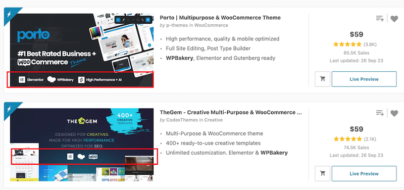 Example of popular themes bundling both builders - Source: Themeforest