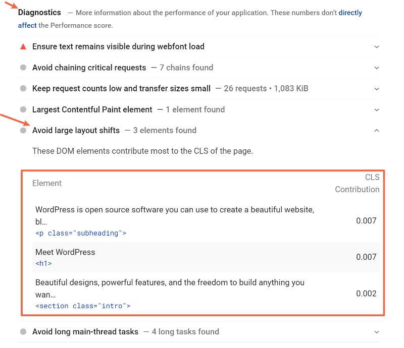 The CLS elements - PageSpeed Insights