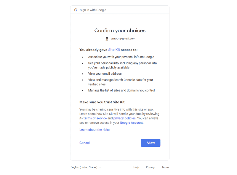 Google Site Kit : interface d’autorisation de Google