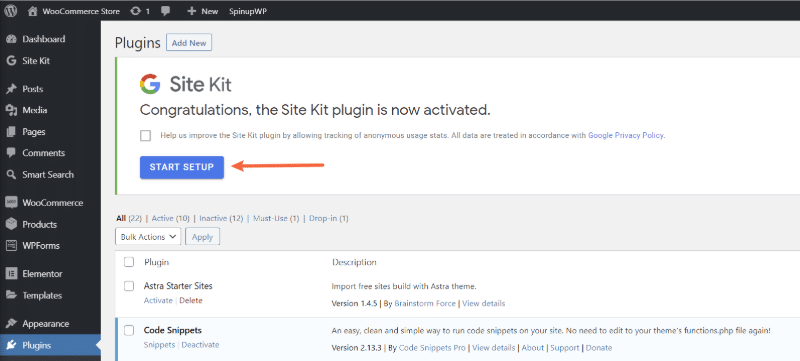 Google Site Kit plugin in the WordPress dashboard