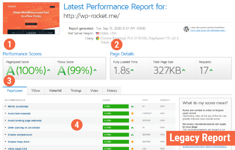 GTmetrix Legacy Report for WP Rocket homepage