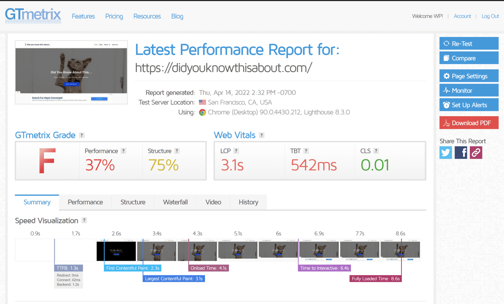 gtmetrix test result