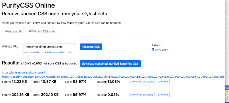 Identifying the unused CSS - Source: PurifyCSS
