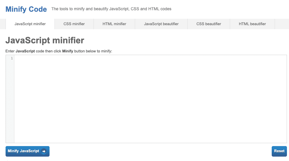 JS minifier tool – Source: minifycode.com