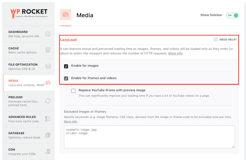 Lazy Load option - WP Rocket dashboard 
