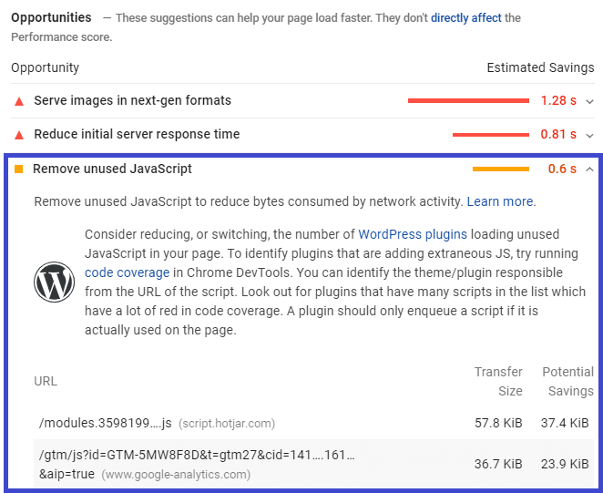 List of unused Javascript files - PageSpeed Insights Report