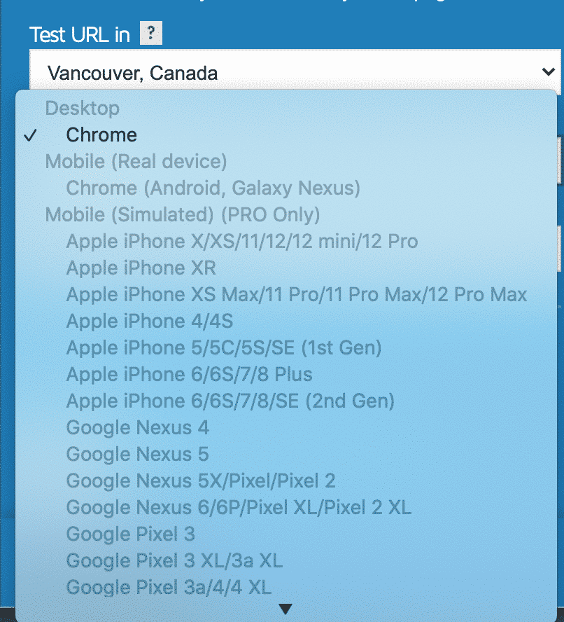 Mobile devices available for testing purposes -  Source: GTmetrix