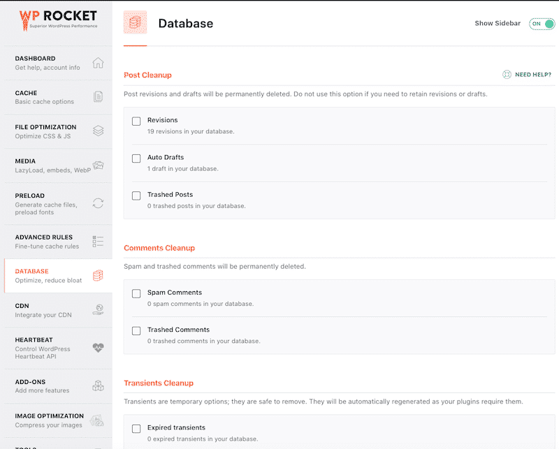 Optimize database – WP Rocket dashboard 