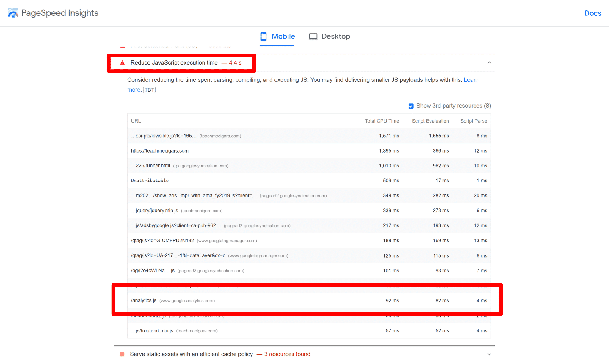 reduce javascript execution time analytics.js