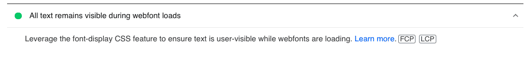 Passed audit: webfont is using font-display:swap - Source: PageSpeed Insights
