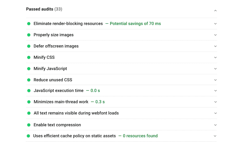 PageSpeed Insights - Passed audits