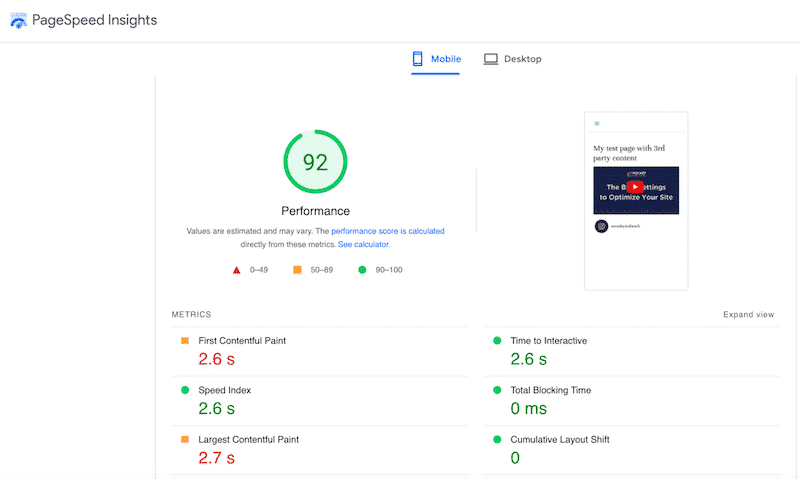 Performance score on mobile with WP Rocket - Source: PSI