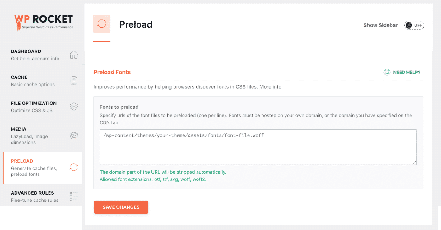 Preload fonts section  - Source: WP Rocket’s WordPress dashboard