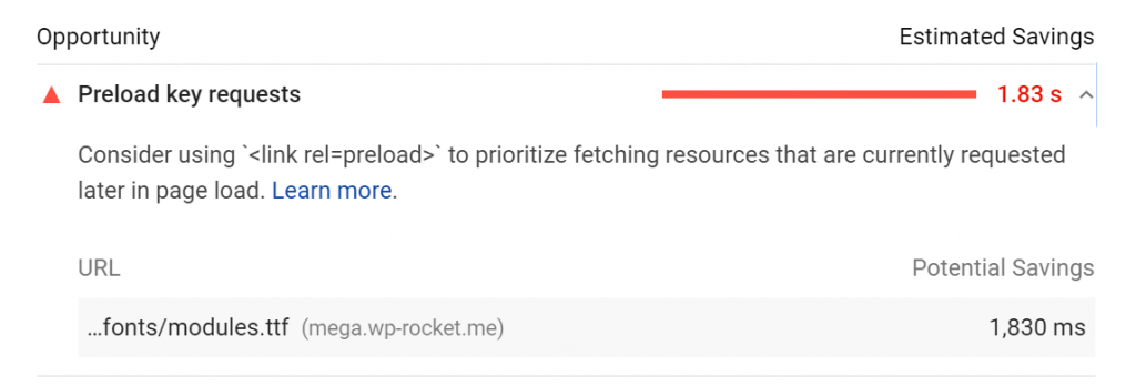 "Preload key requests" on PageSpeed Insights