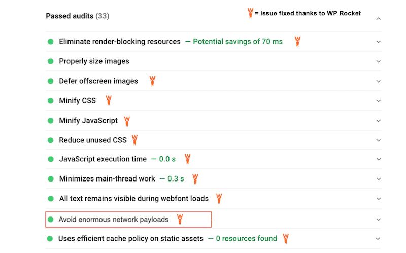 Previous issues moved to the passed audits section with WP Rocket - Source: PSI
