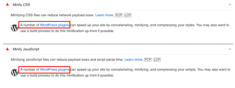 PSI recommending WordPress plugins - Source: PSI Diagnostic section 
