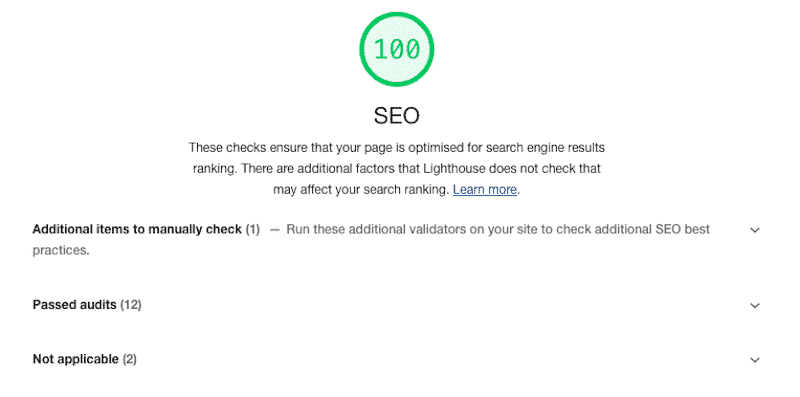 The “SEO” section – Source: Lighthouse report from Google Chrome Dev Tools