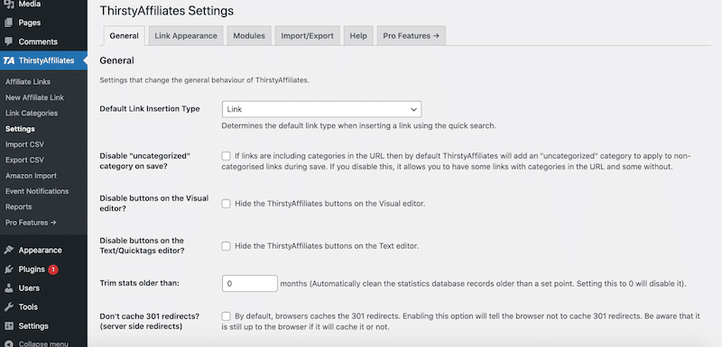 Settings - Source: ThirstyAffiliates
