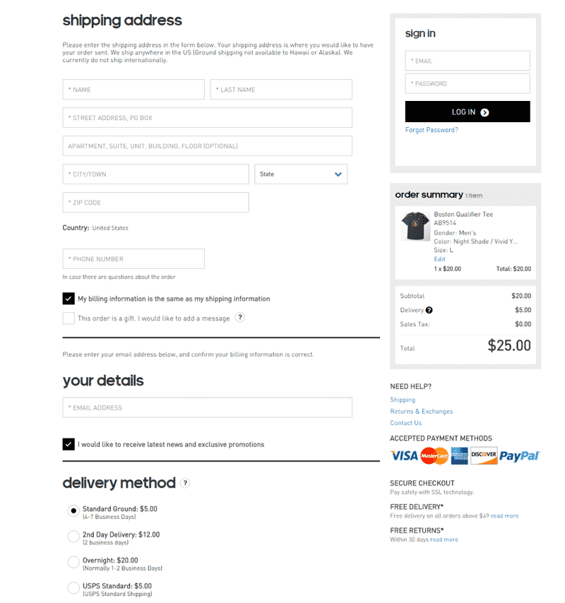 Adidas - Checkout process