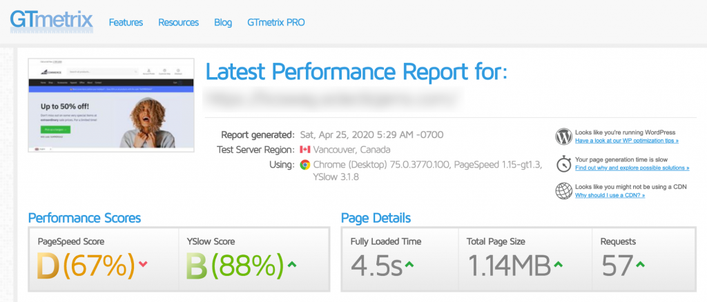 GTMetrix results with the host’s built-in caching