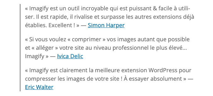 Témoignages des clients Imagify- Source : WordPress.org 
