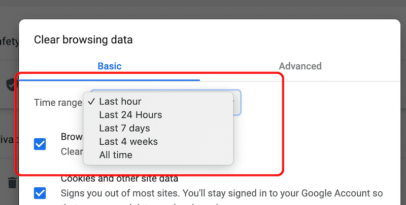 Time range for clearing on Google Chrome -Source: Chrome Settings