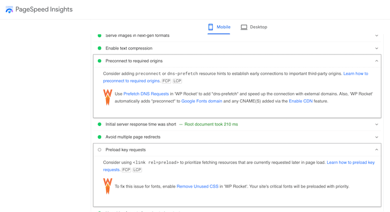 Use WP Rocket to fix the PageSpeed Insights warnings - Source: PageSpeed
