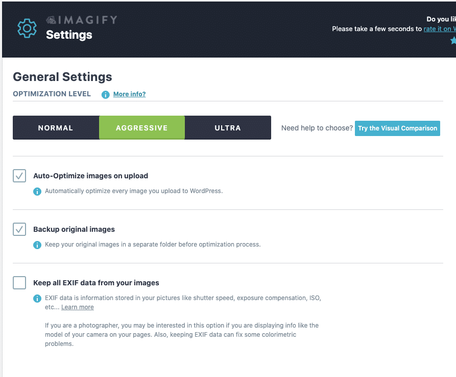 Using “aggressive” level – Source: Imagify Dashboard