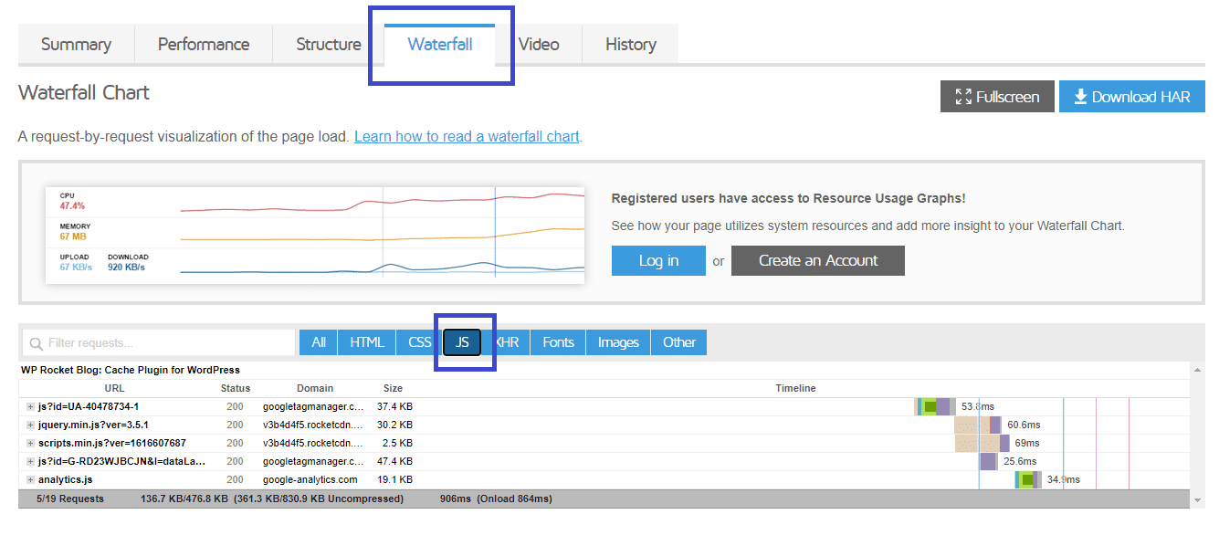 Waterfall feature to identify the most heavy JS scripts – source: GTmetrix