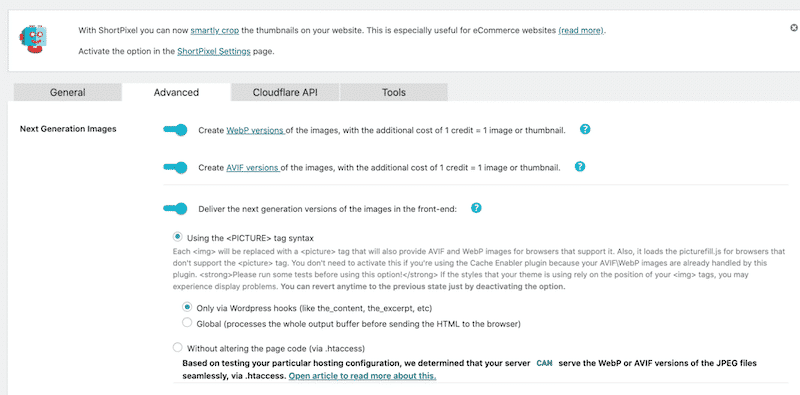 WebP and AVIF conversion with ShortPixel - Source: ShortPixel dashboard