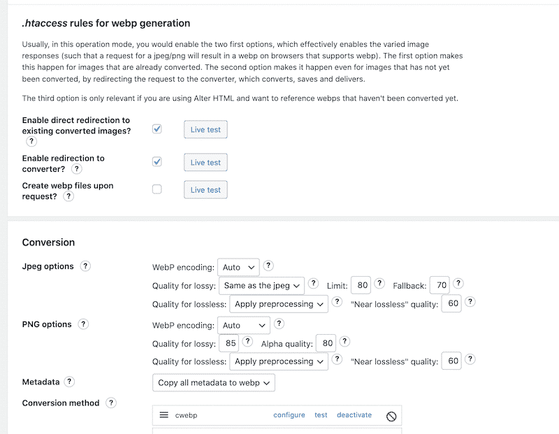 WebP conversion with WebP Express - Source: WebP Express dashboard