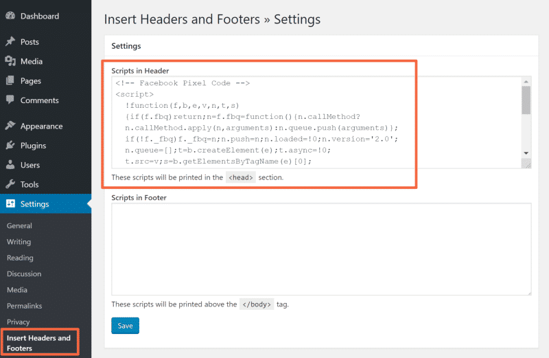 WordPress Install Headers And Footer Facebook Pixel