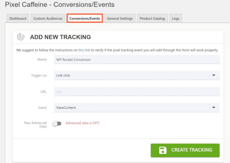 WordPress Pixel Caffeine Add New Tracking