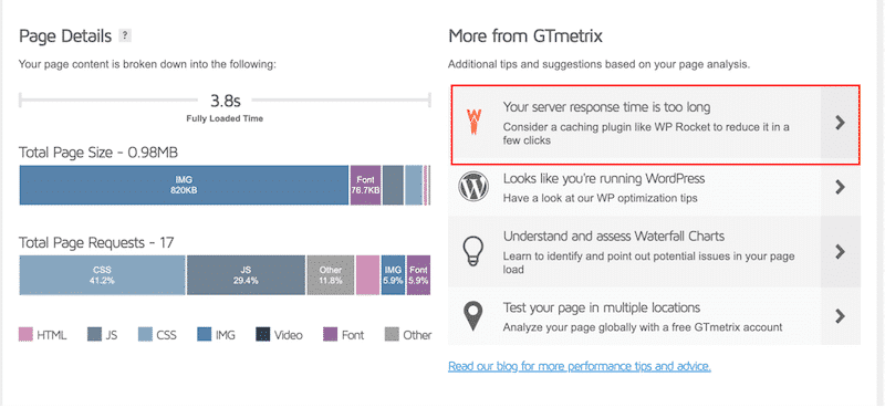 WP Rocket recommended by GTmetrix - Source: GTmetrix
