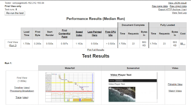 YouTube speed test results